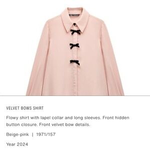 Zara Pink velvet bow blouse shirt